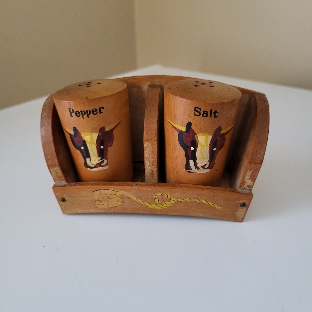 Vintage Japan Hand Painted Bull Wooden Salt and Pepper Shakers with Holder